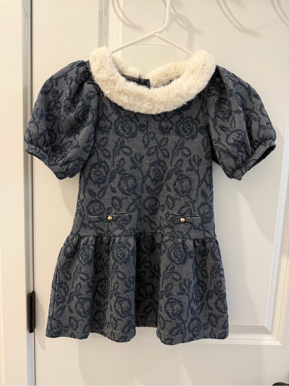 Janie and Jack Navy Floral Knit Dress with Cream Faux Fur Collar